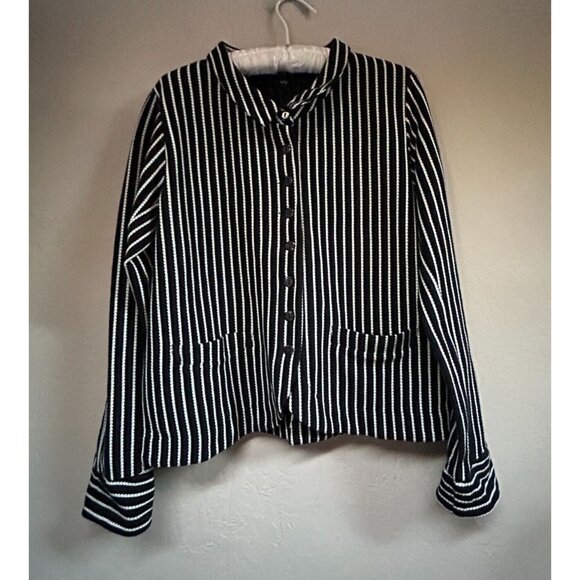 Tulip Women Textured Striped Button Up Blouse Shirt Top Small Black White Casual - Picture 1 of 8